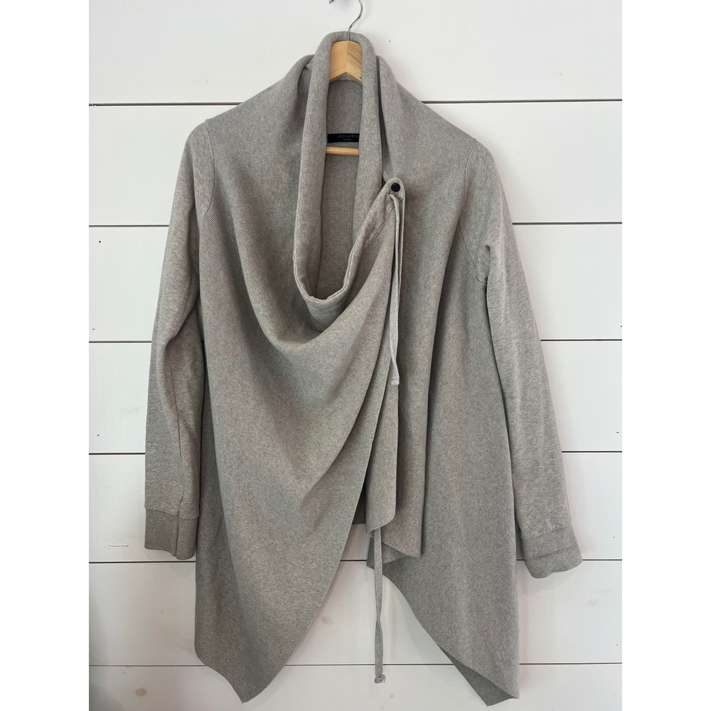AllSaints Grey Drape Sweat Cardigan 100% Cotton Wrap Sweater M quiet luxury